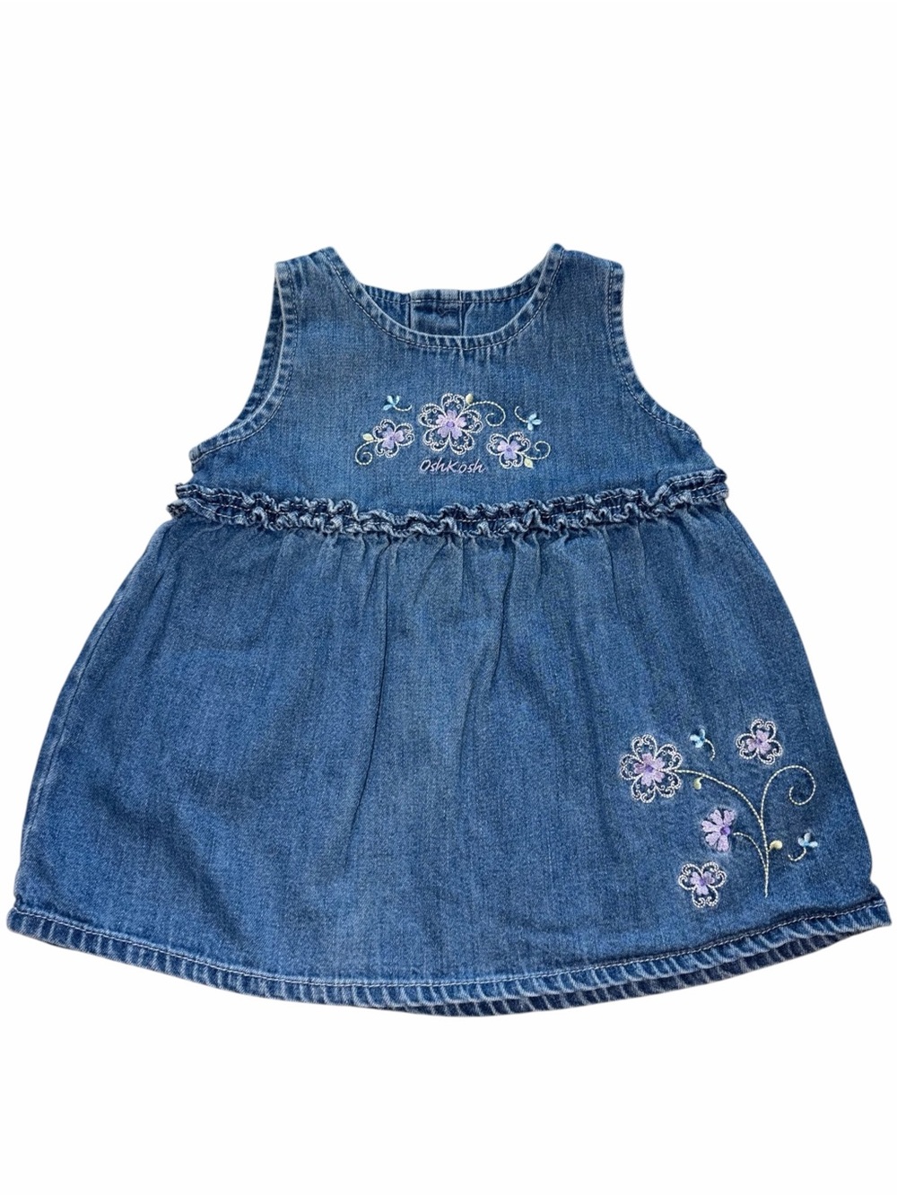 EUC Vintage 90s Oshkosh B’gosh Denim Floral Embroidered Baby Dress 3-6m Cottage